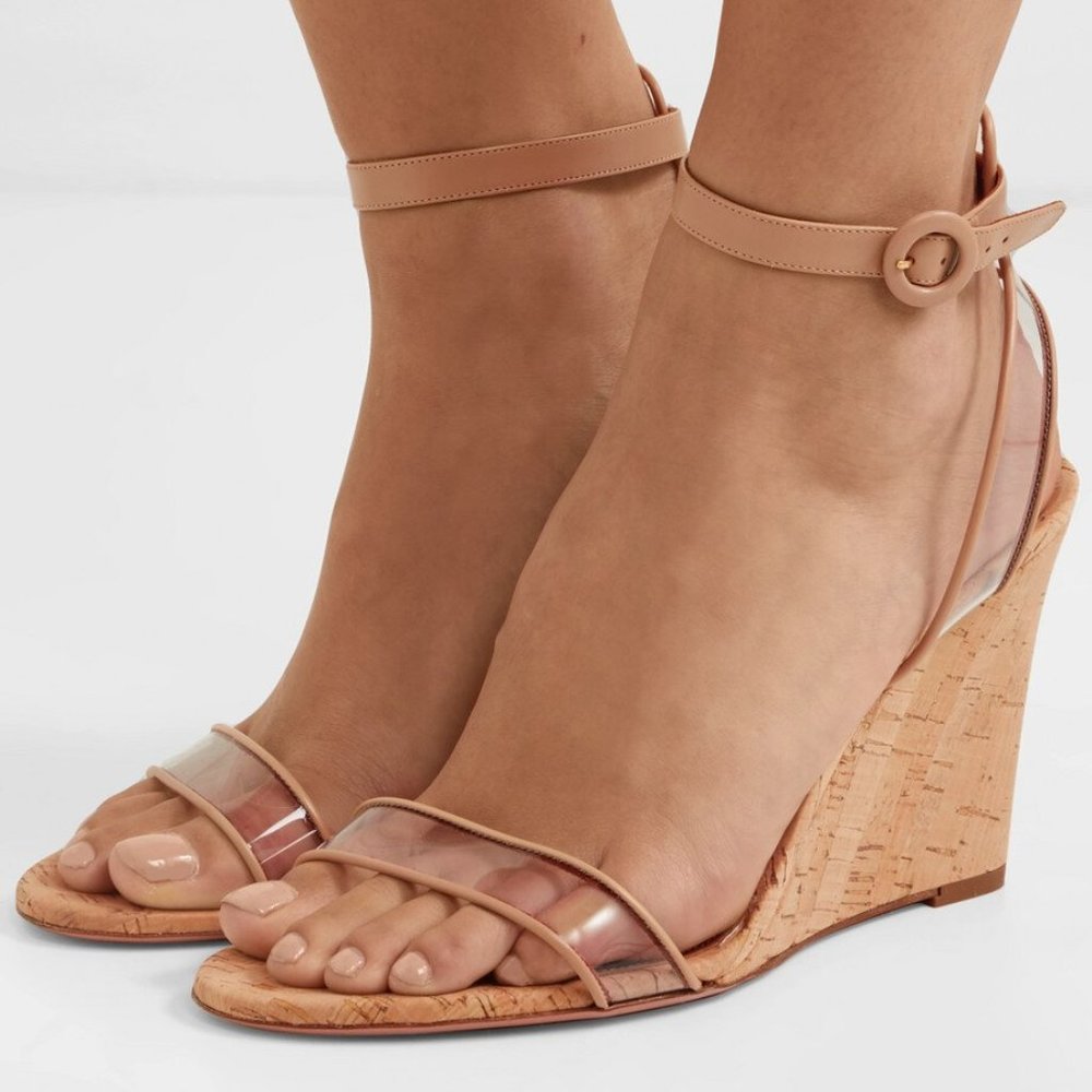 Aquazzura Minimalist 85 Leather and PVC Wedge Sandals in Blush Nude Size 6.5